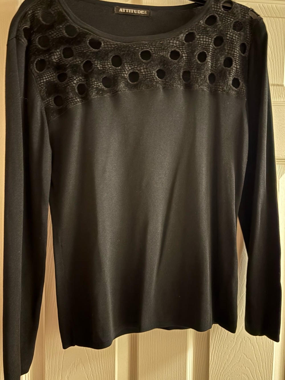 Attitude Black Long-Sleeve Faux Fur Perforated Yoke Top NWOT!!!!